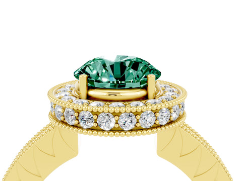 Yellow gold Round Cut Halo Diamond Engagement Ring with Milgrain Pave Band and Four-Prong Setting_4