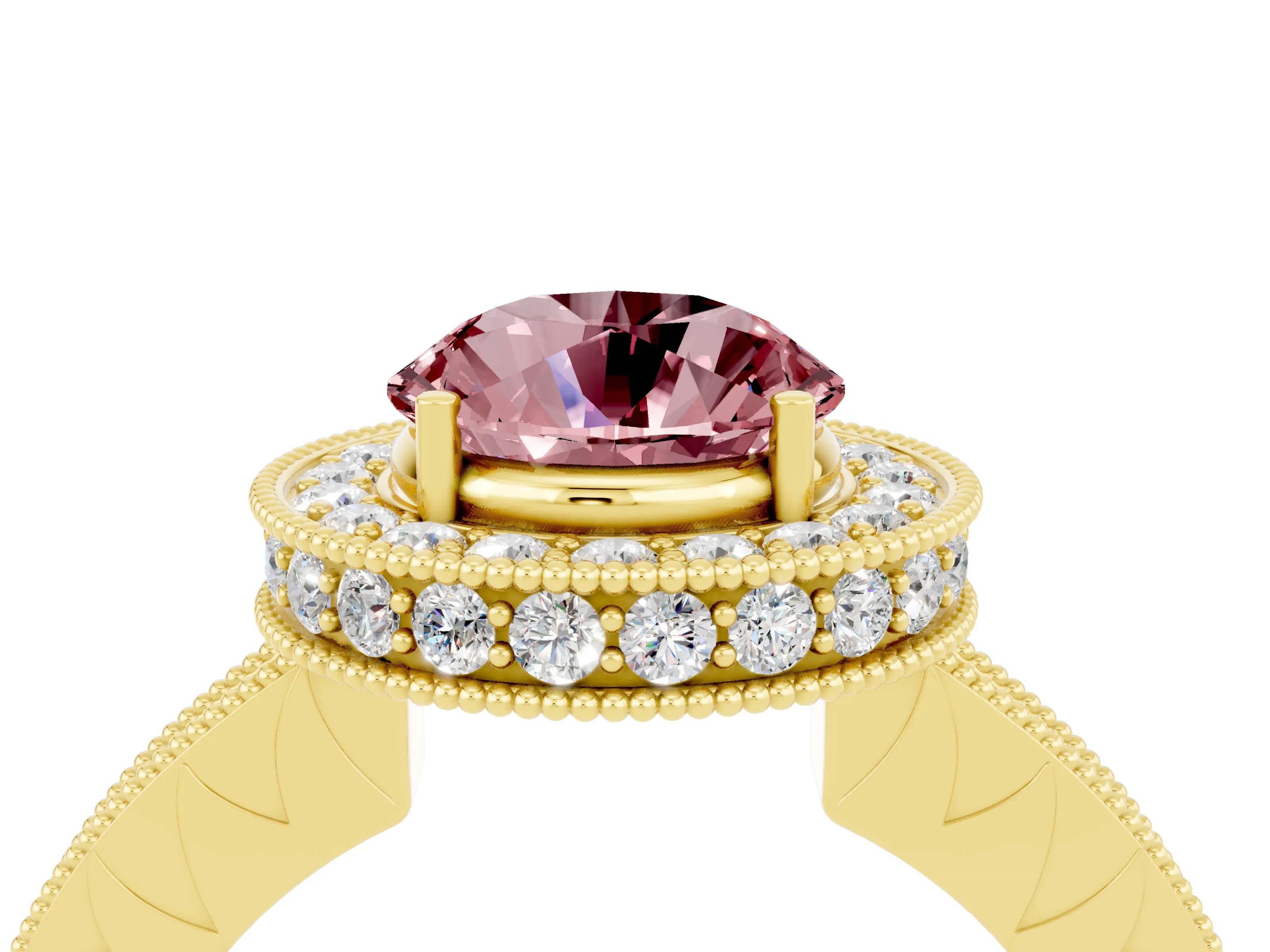Yellow gold Round Cut Halo Diamond Engagement Ring with Milgrain Pave Band and Four-Prong Setting_4