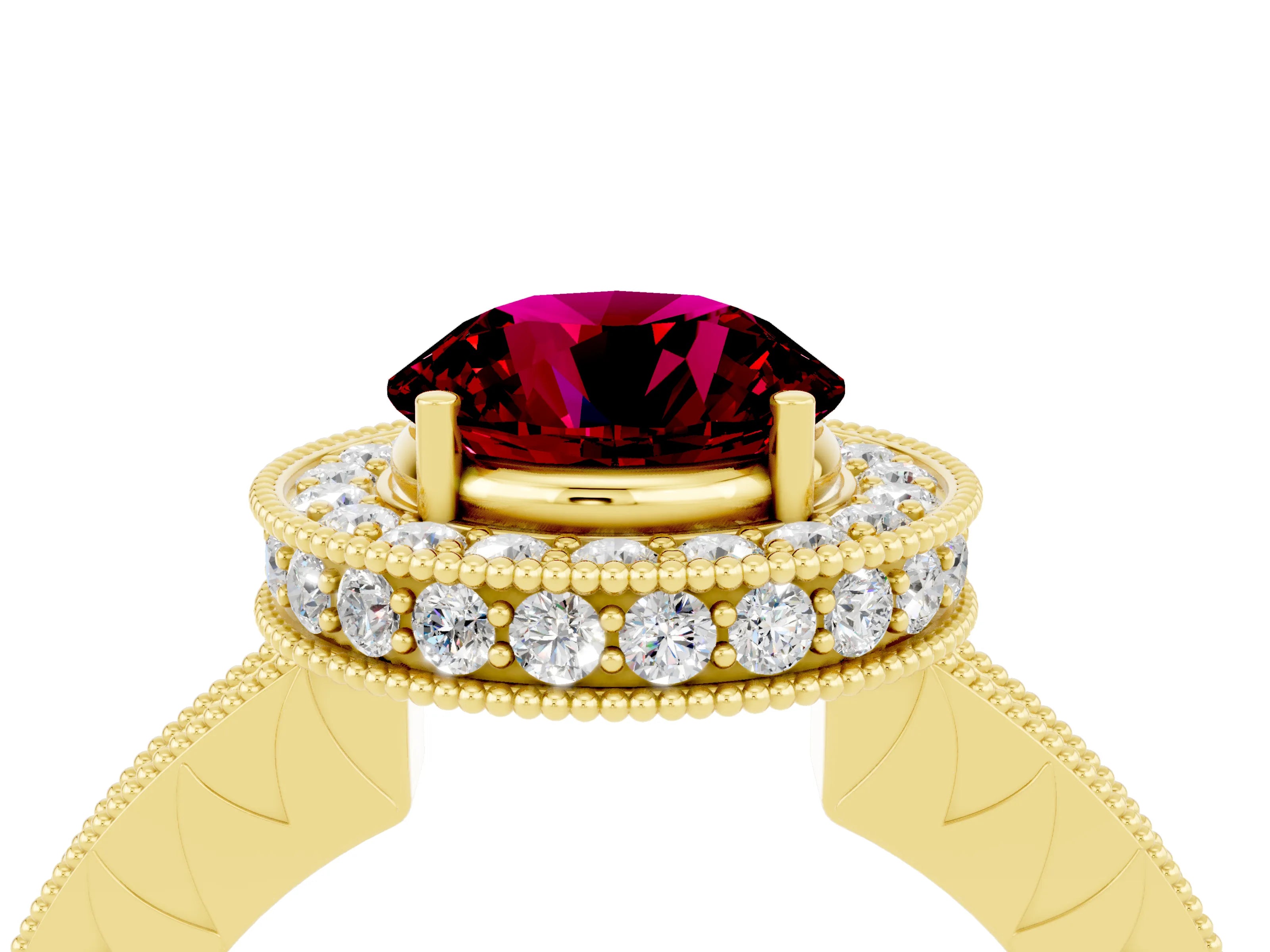 Yellow gold Round Cut Halo Diamond Engagement Ring with Milgrain Pave Band and Four-Prong Setting_4