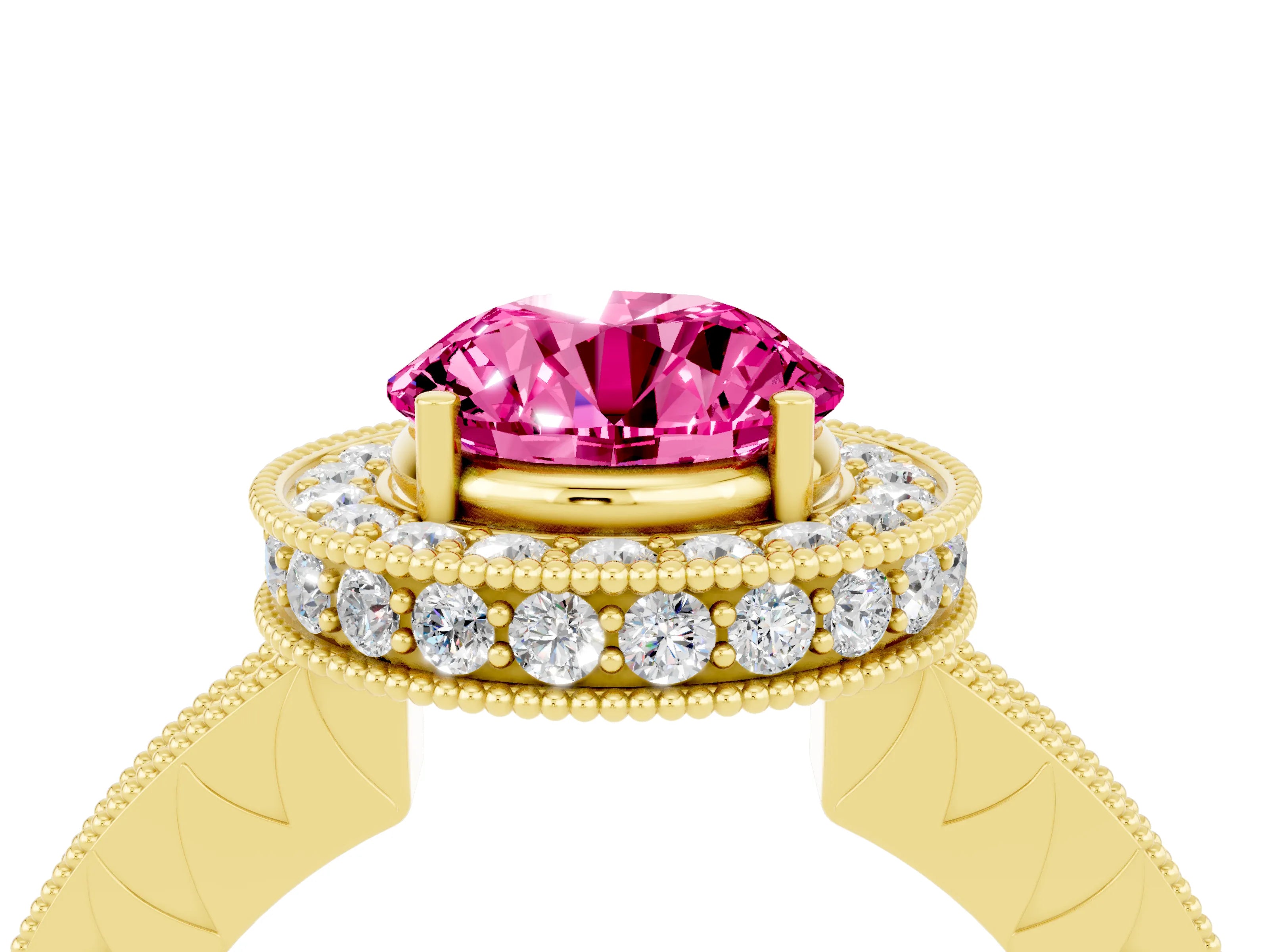 Yellow gold Round Cut Halo Diamond Engagement Ring with Milgrain Pave Band and Four-Prong Setting_4