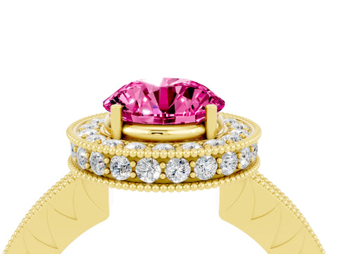 Yellow gold Round Cut Halo Diamond Engagement Ring with Milgrain Pave Band and Four-Prong Setting_4