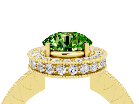 Yellow gold Round Cut Halo Diamond Engagement Ring with Milgrain Pave Band and Four-Prong Setting_4