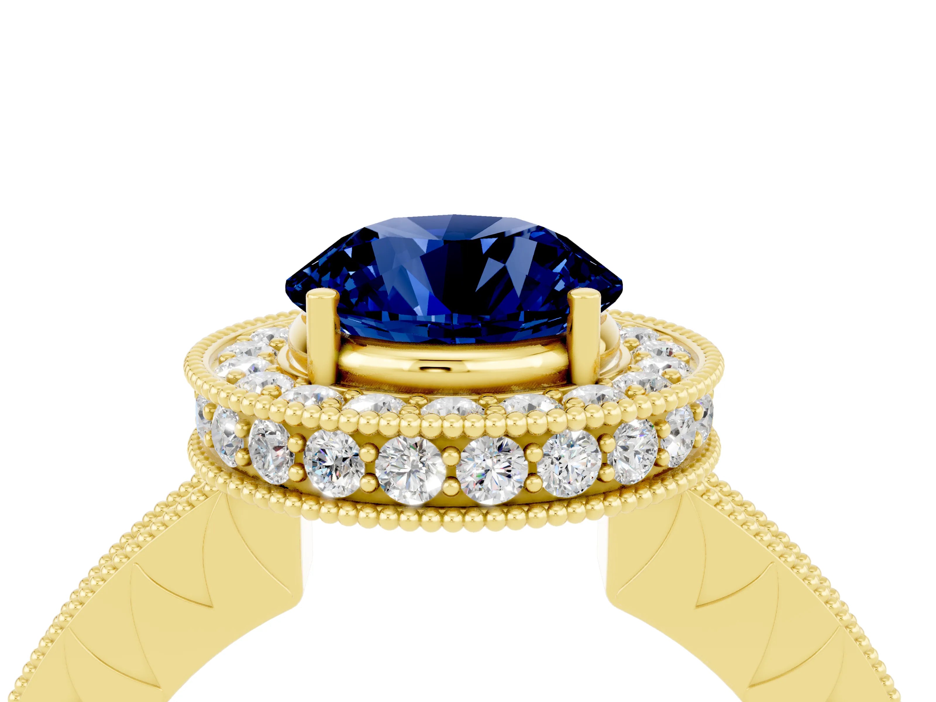 Yellow gold Round Cut Halo Diamond Engagement Ring with Milgrain Pave Band and Four-Prong Setting_4