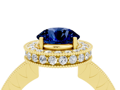 Yellow gold Round Cut Halo Diamond Engagement Ring with Milgrain Pave Band and Four-Prong Setting_4