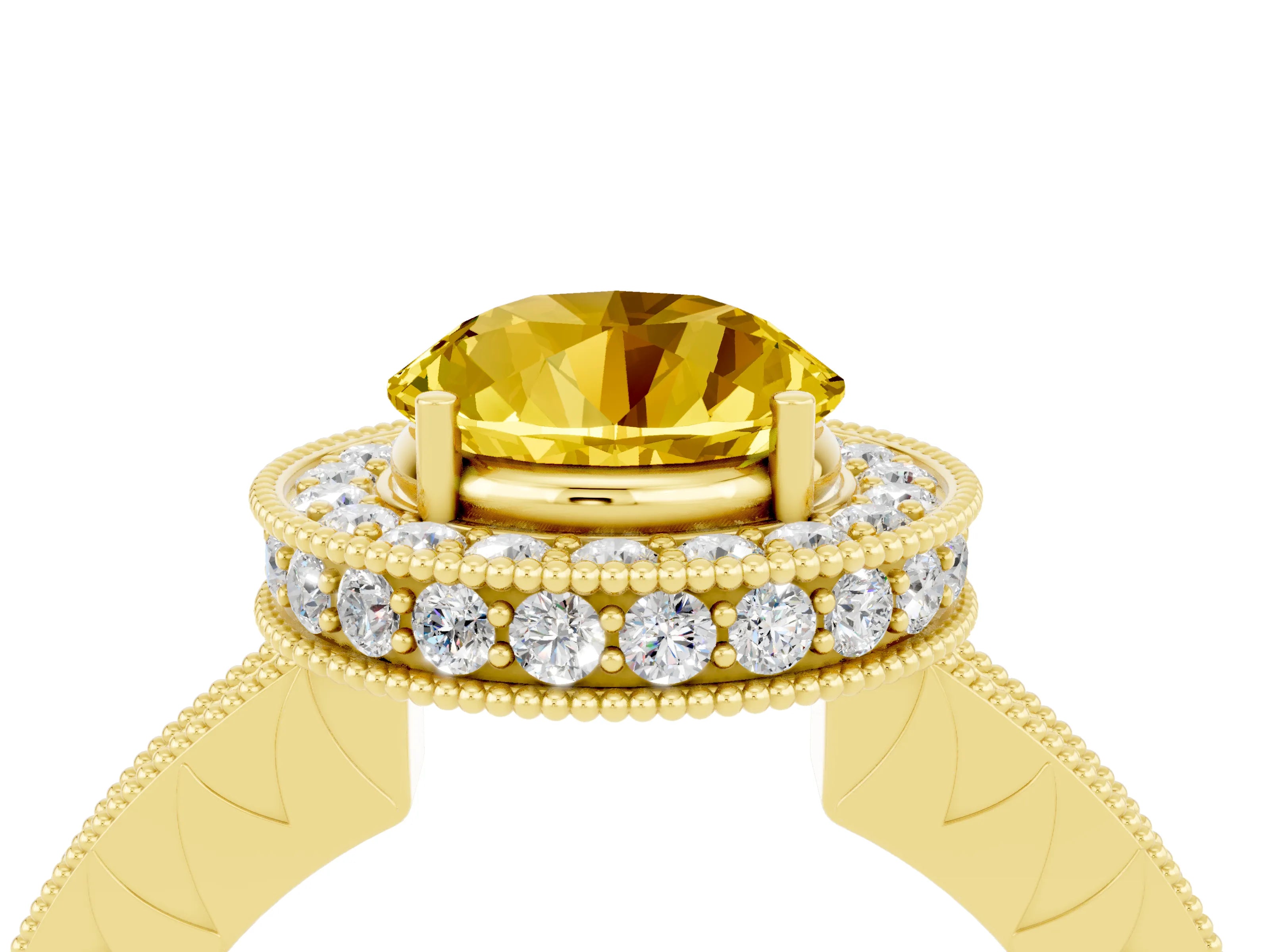 Yellow gold Round Cut Halo Diamond Engagement Ring with Milgrain Pave Band and Four-Prong Setting_4