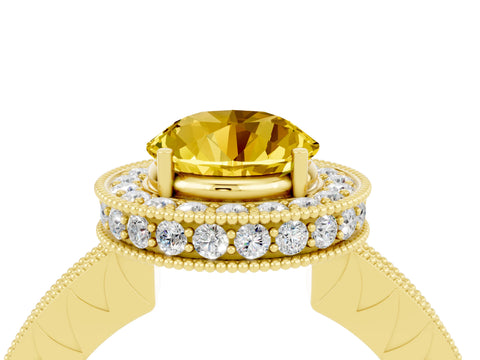 Yellow gold Round Cut Halo Diamond Engagement Ring with Milgrain Pave Band and Four-Prong Setting_4
