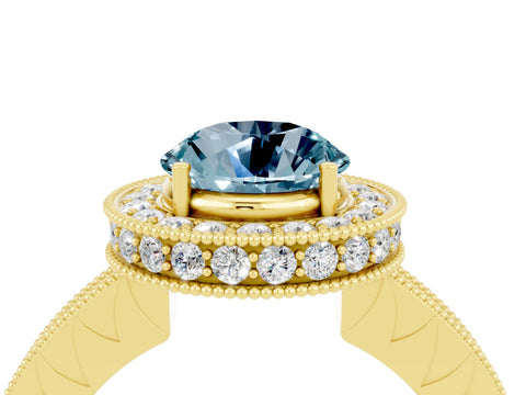 Yellow gold Round Cut Halo Diamond Engagement Ring with Milgrain Pave Band and Four-Prong Setting_4