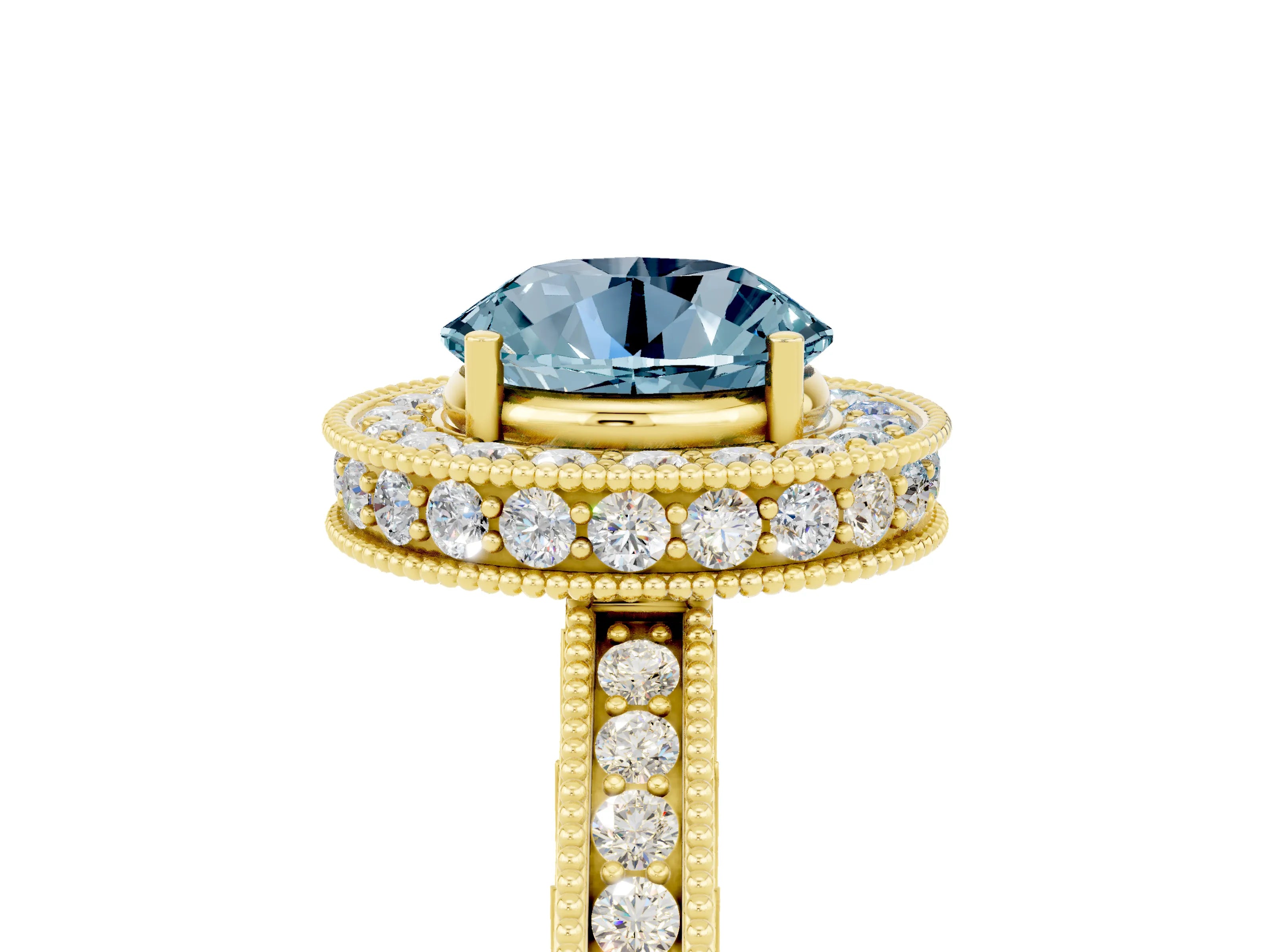 Yellow gold Round Cut Halo Diamond Engagement Ring with Milgrain Pave Band and Four-Prong Setting_5