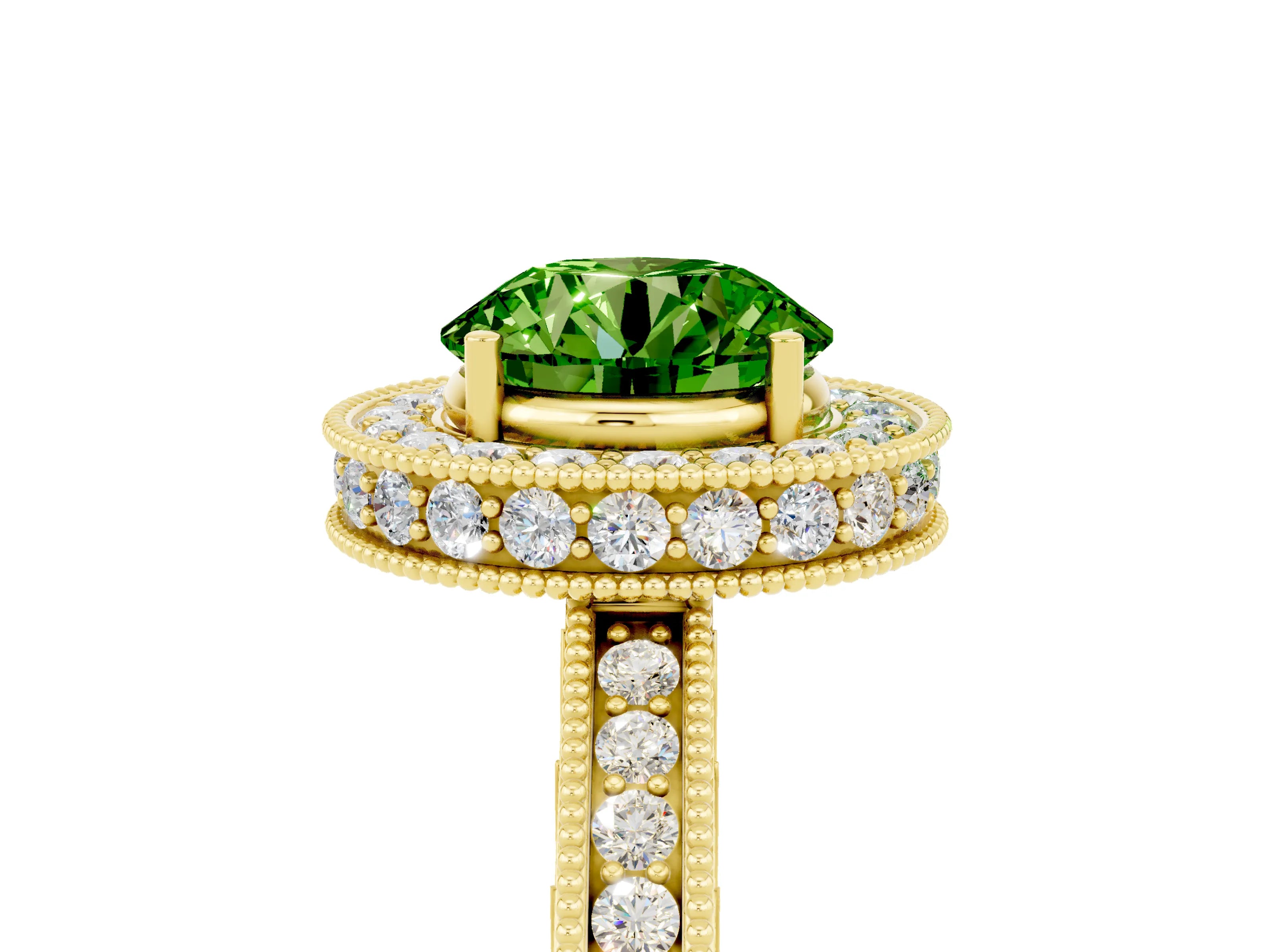 Yellow gold Round Cut Halo Diamond Engagement Ring with Milgrain Pave Band and Four-Prong Setting_5