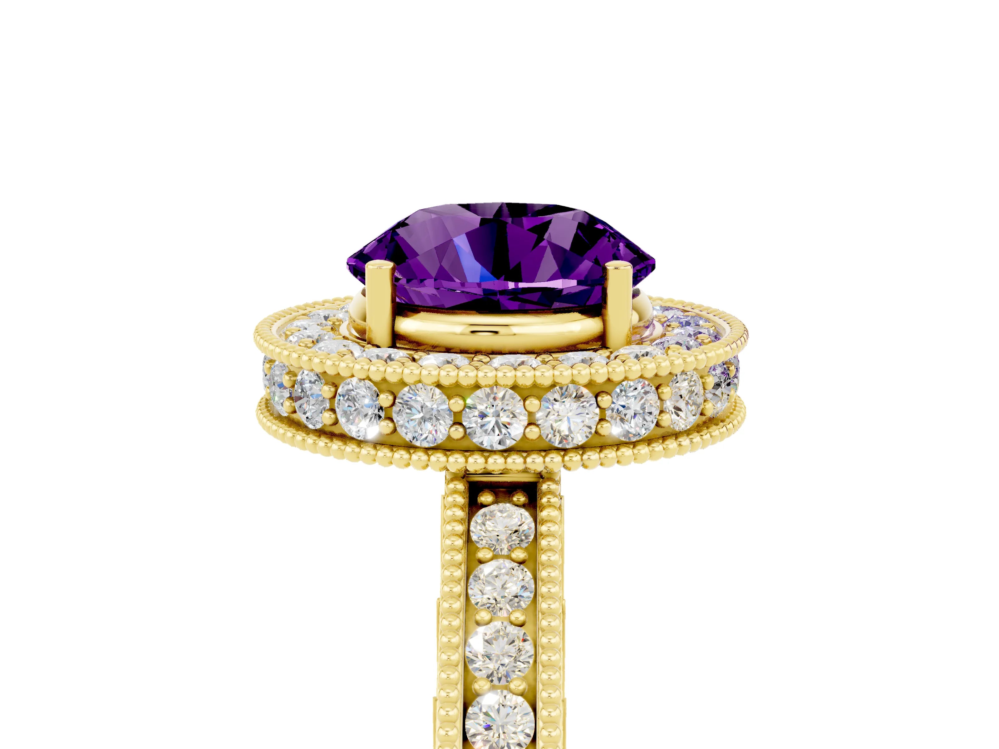 Yellow gold Round Cut Halo Diamond Engagement Ring with Milgrain Pave Band and Four-Prong Setting_5
