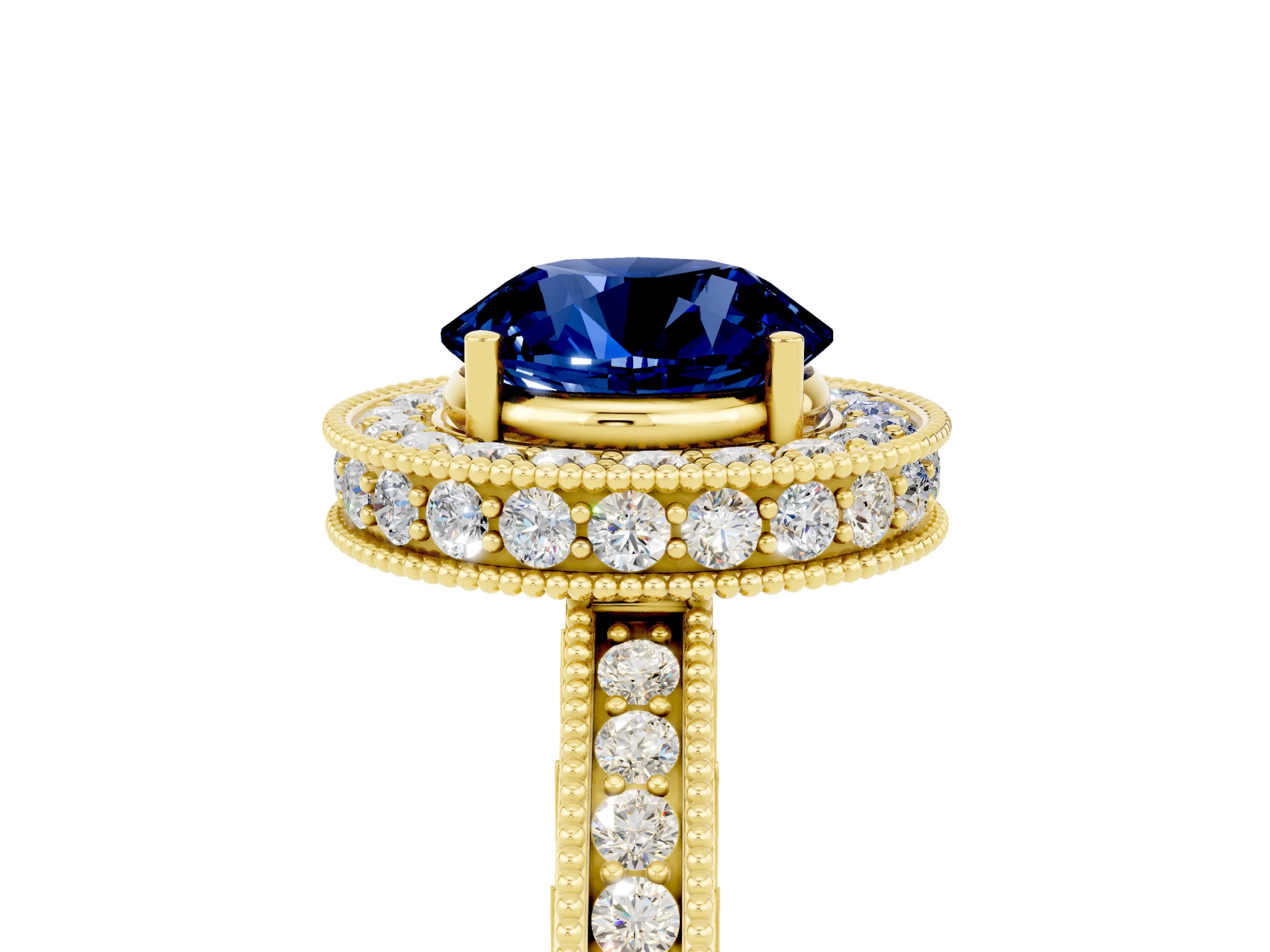 Yellow gold Round Cut Halo Diamond Engagement Ring with Milgrain Pave Band and Four-Prong Setting_5