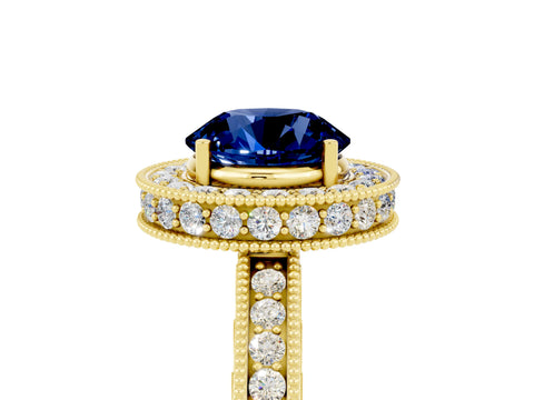Yellow gold Round Cut Halo Diamond Engagement Ring with Milgrain Pave Band and Four-Prong Setting_5