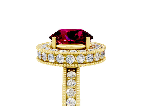 Yellow gold Round Cut Halo Diamond Engagement Ring with Milgrain Pave Band and Four-Prong Setting_5