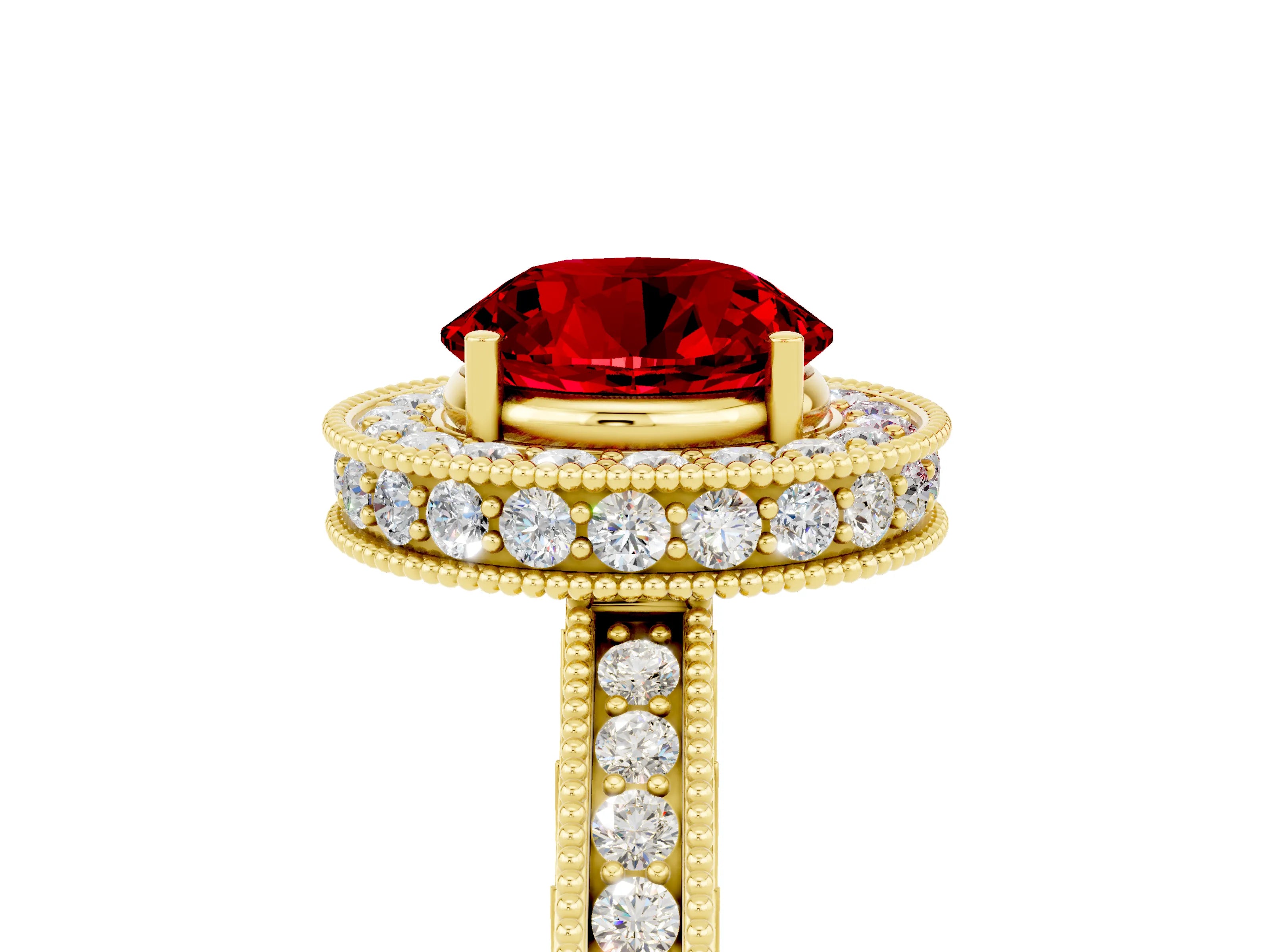 Yellow gold Round Cut Halo Diamond Engagement Ring with Milgrain Pave Band and Four-Prong Setting_5