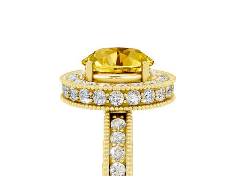 Yellow gold Round Cut Halo Diamond Engagement Ring with Milgrain Pave Band and Four-Prong Setting_5
