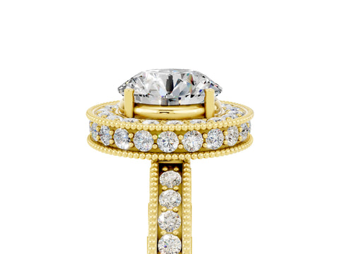 Yellow gold Round Cut Halo Diamond Engagement Ring with Milgrain Pave Band and Four-Prong Setting_5
