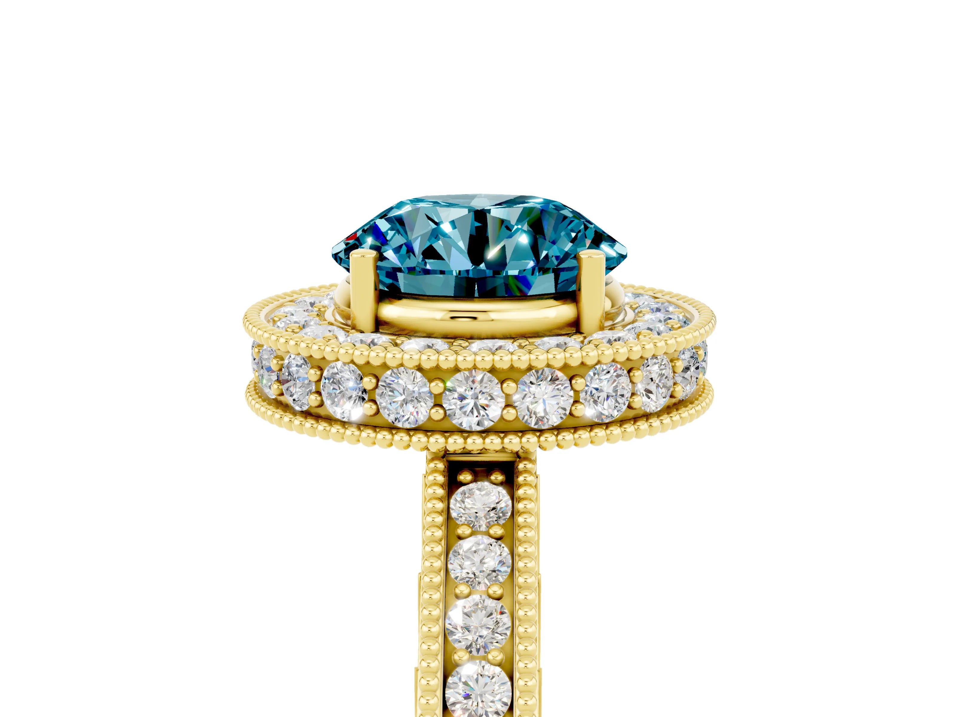 Yellow gold Round Cut Halo Diamond Engagement Ring with Milgrain Pave Band and Four-Prong Setting_5