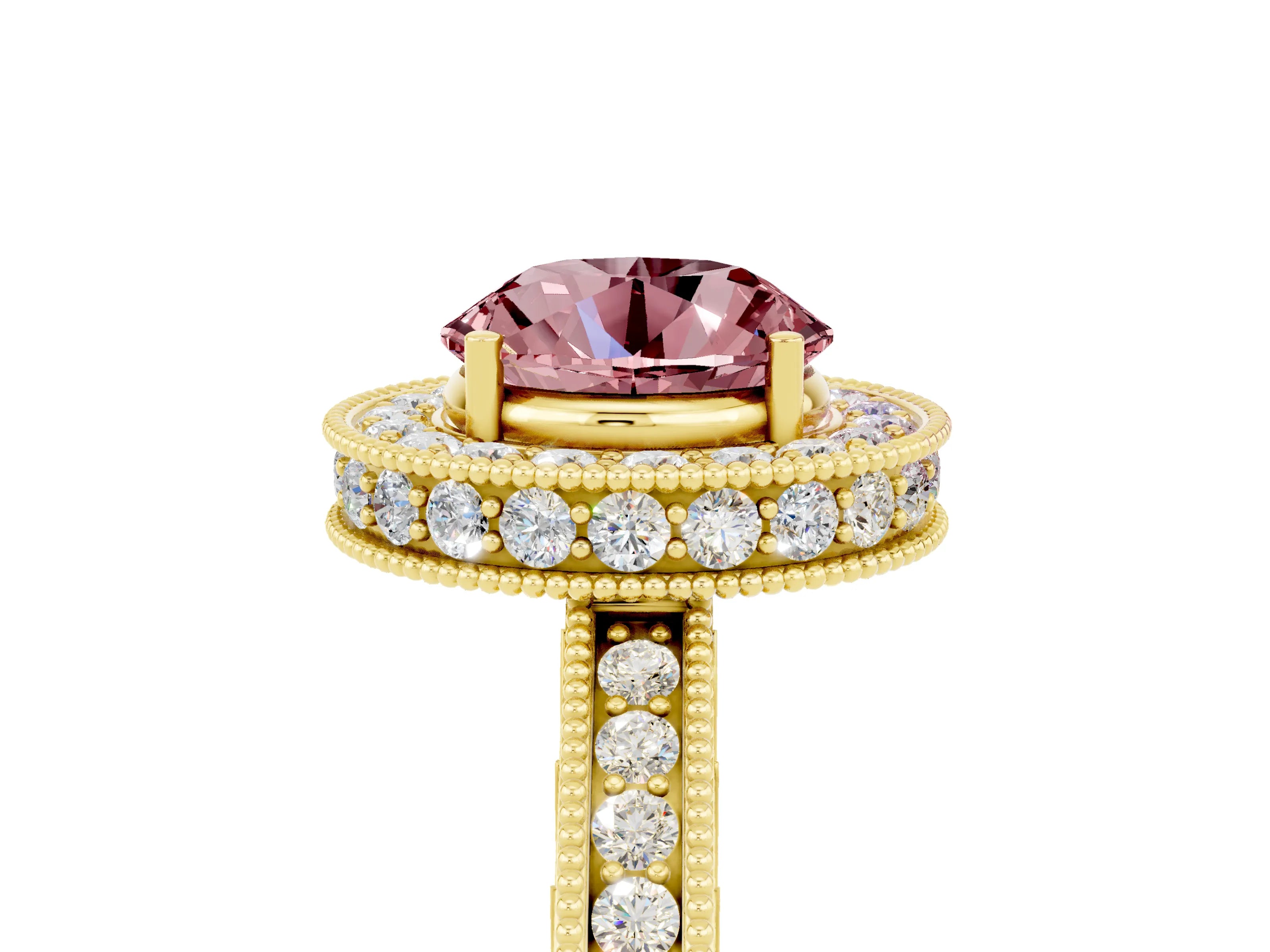 Yellow gold Round Cut Halo Diamond Engagement Ring with Milgrain Pave Band and Four-Prong Setting_5