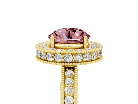 Yellow gold Round Cut Halo Diamond Engagement Ring with Milgrain Pave Band and Four-Prong Setting_5
