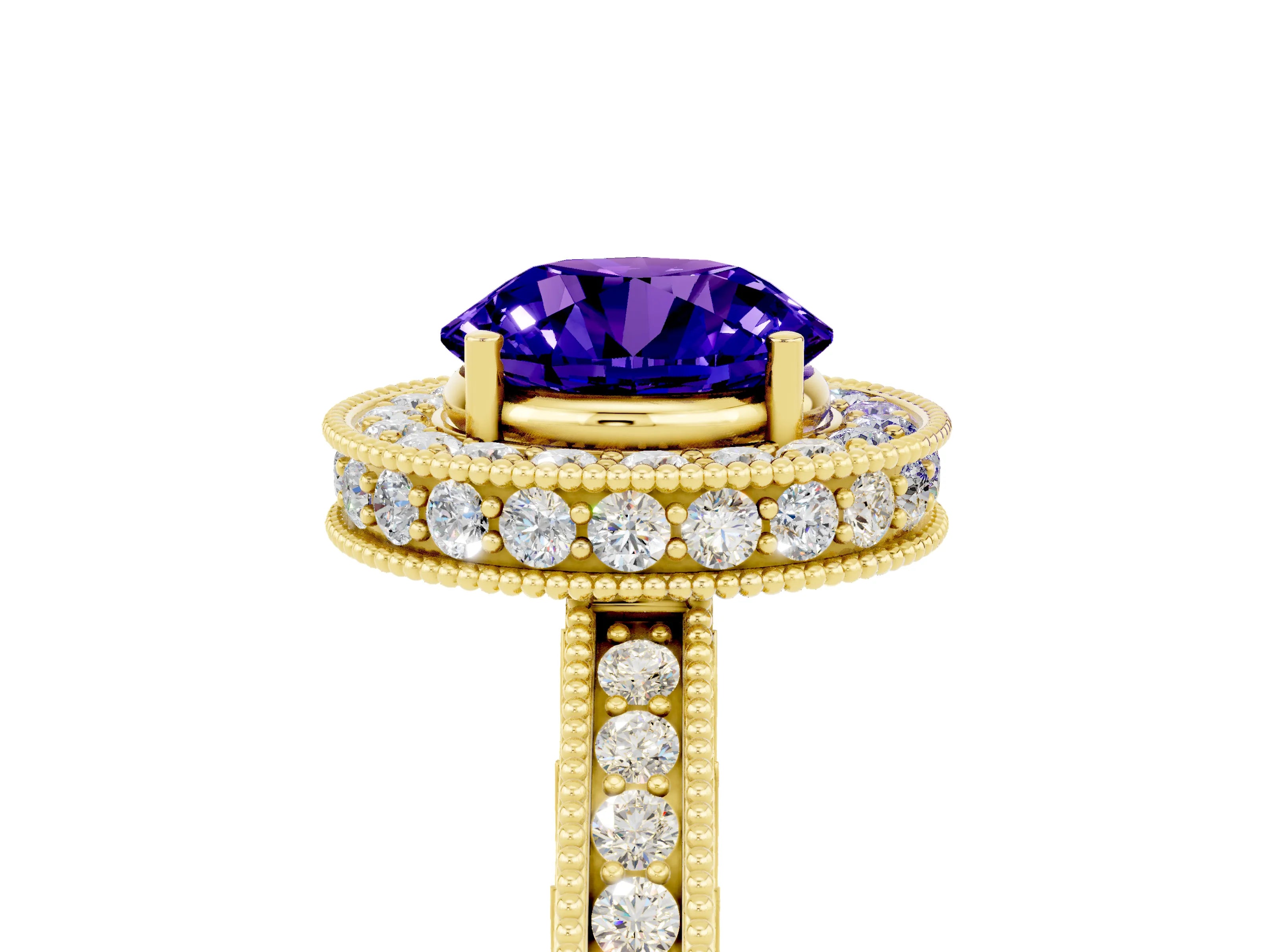 Yellow gold Round Cut Halo Diamond Engagement Ring with Milgrain Pave Band and Four-Prong Setting_5