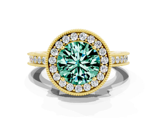 Yellow gold Round Cut Green Sapphire Milgrain Halo Engagement Ring with Round Pavé Band and Prong Setting