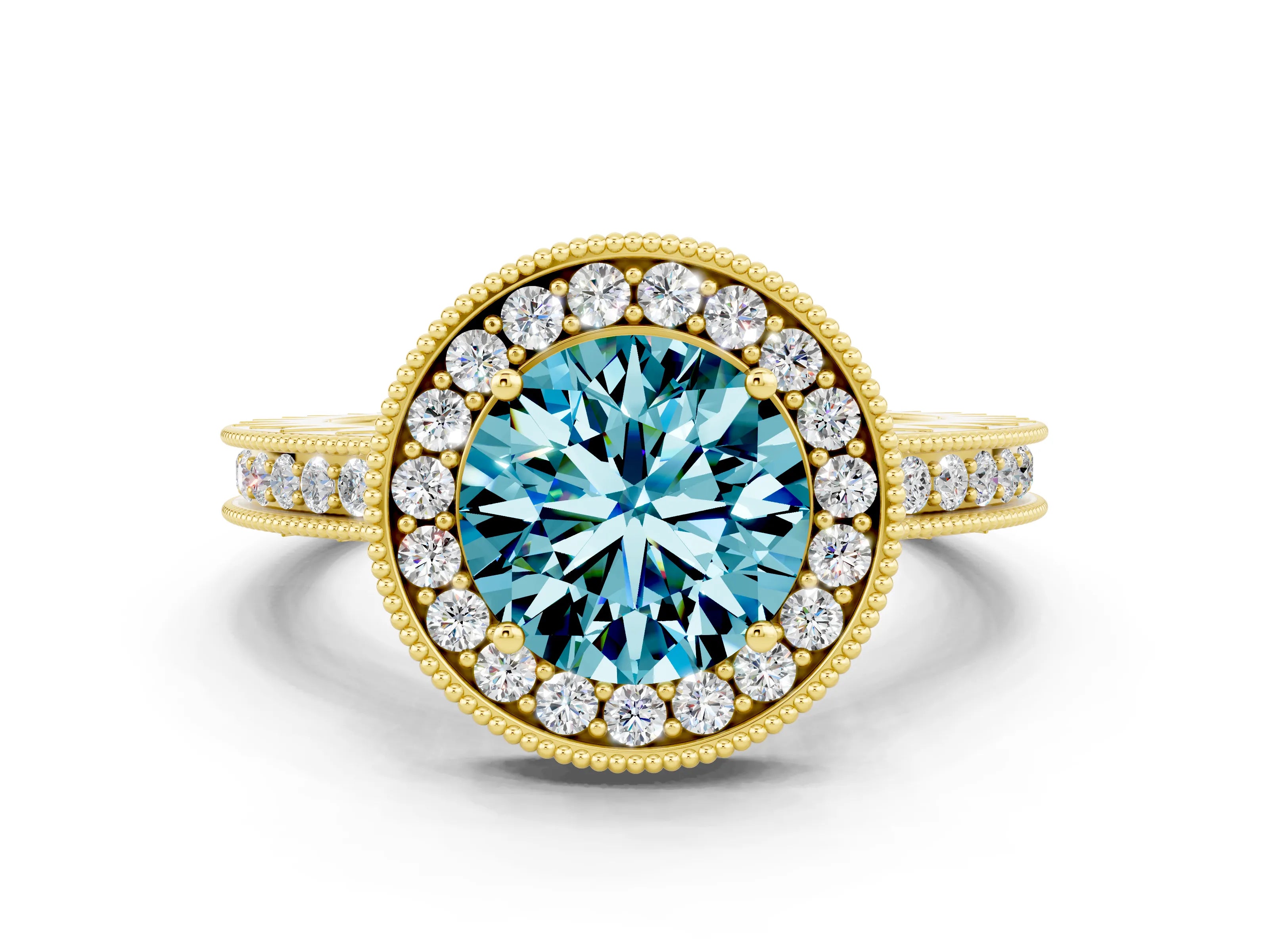 Yellow gold Round Cut Halo Diamond Engagement Ring with Milgrain Pave Band and Four-Prong Setting
