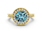 Yellow gold Round Cut Halo Diamond Engagement Ring with Milgrain Pave Band and Four-Prong Setting