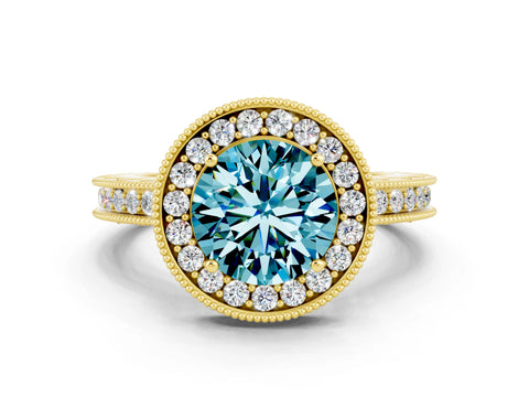 Yellow gold Round Cut Halo Diamond Engagement Ring with Milgrain Pave Band and Four-Prong Setting