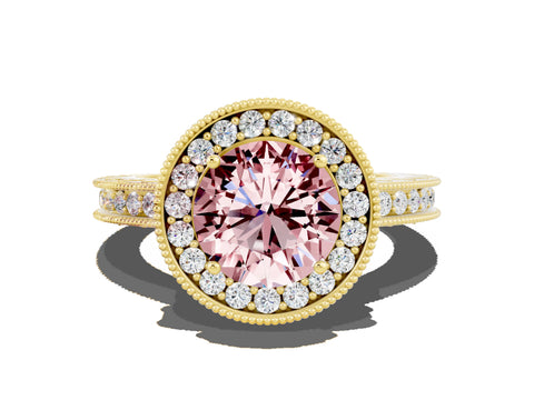Yellow gold Round Cut Halo Diamond Engagement Ring with Milgrain Pave Band and Four-Prong Setting