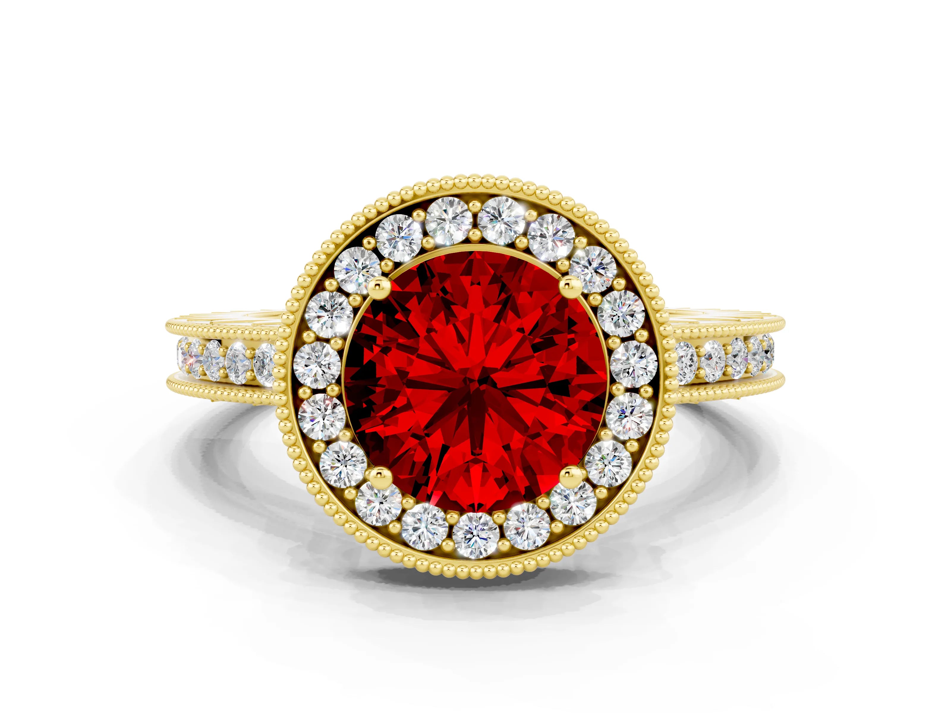 Yellow gold Round Cut Halo Diamond Engagement Ring with Milgrain Pave Band and Four-Prong Setting