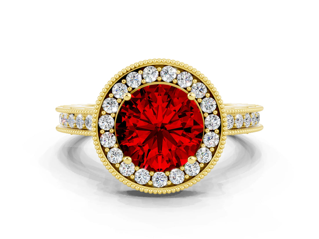 Yellow gold Round Cut Halo Diamond Engagement Ring with Milgrain Pave Band and Four-Prong Setting