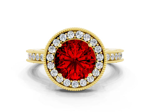 Yellow gold Round Cut Halo Diamond Engagement Ring with Milgrain Pave Band and Four-Prong Setting
