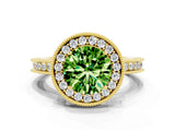 Yellow gold Round Cut Halo Diamond Engagement Ring with Milgrain Pave Band and Four-Prong Setting