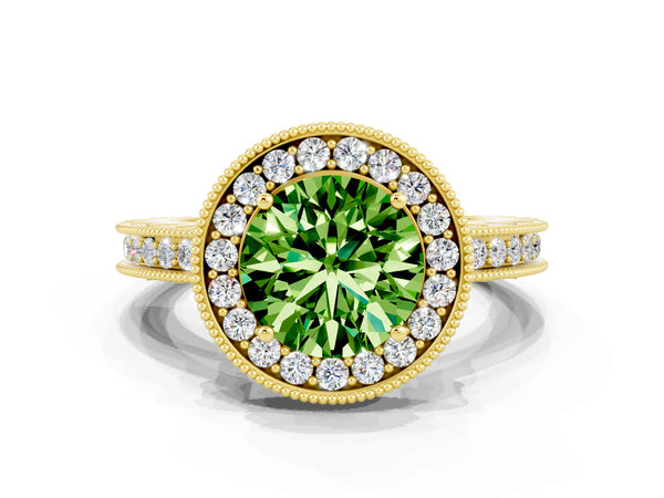 Yellow gold Round Cut Halo Diamond Engagement Ring with Milgrain Pave Band and Four-Prong Setting