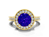 Yellow gold Round Cut Halo Diamond Engagement Ring with Milgrain Pave Band and Four-Prong Setting