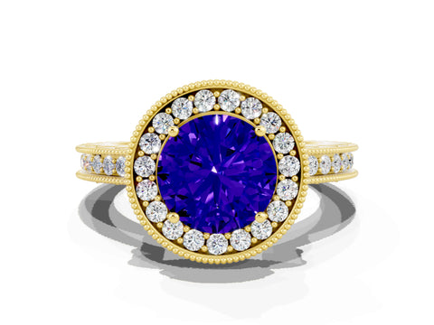 Yellow gold Round Cut Halo Diamond Engagement Ring with Milgrain Pave Band and Four-Prong Setting