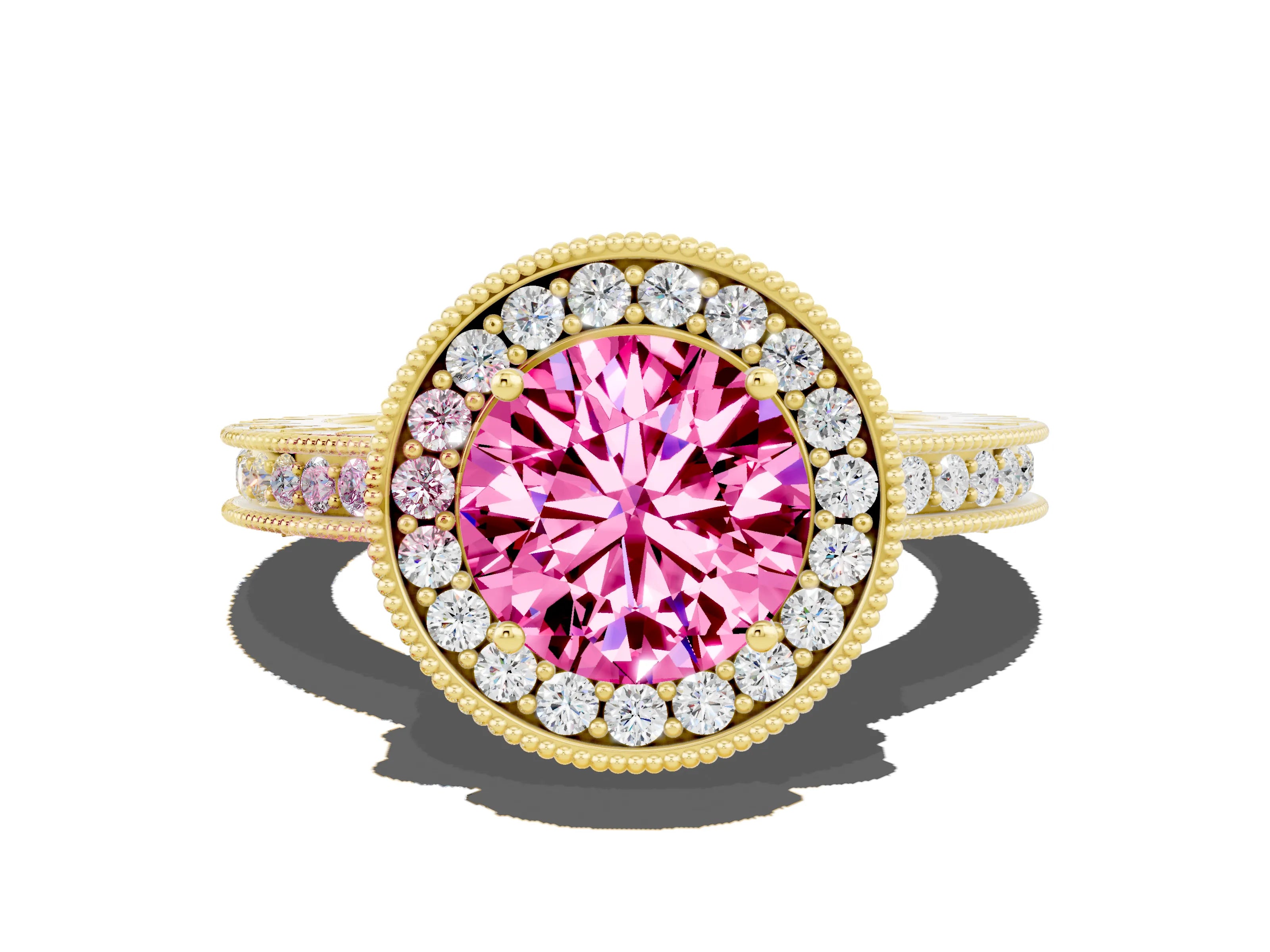 Yellow gold Round Cut Halo Diamond Engagement Ring with Milgrain Pave Band and Four-Prong Setting