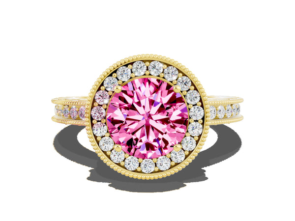 Yellow gold Round Cut Halo Diamond Engagement Ring with Milgrain Pave Band and Four-Prong Setting