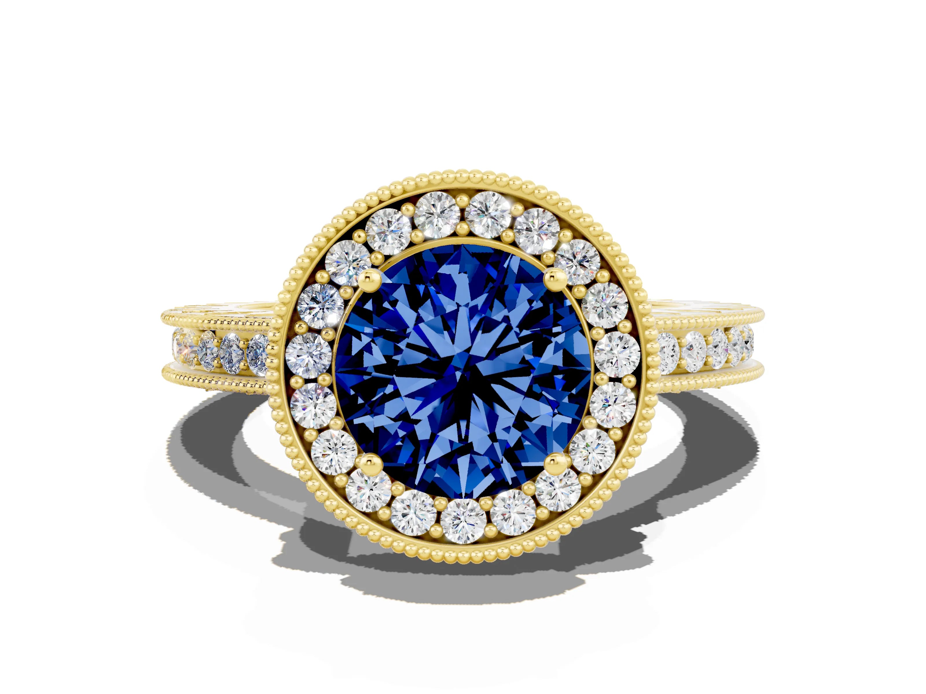 Yellow gold Round Cut Halo Diamond Engagement Ring with Milgrain Pave Band and Four-Prong Setting