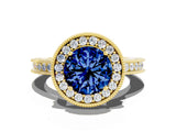 Yellow gold Round Cut Halo Diamond Engagement Ring with Milgrain Pave Band and Four-Prong Setting