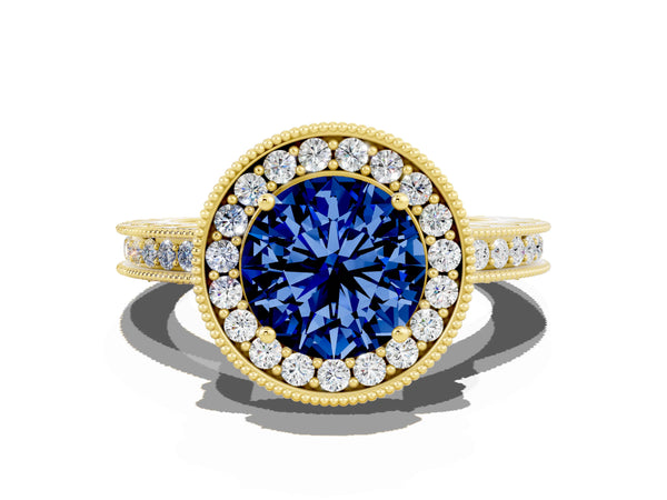 Yellow gold Round Cut Halo Diamond Engagement Ring with Milgrain Pave Band and Four-Prong Setting