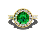 Yellow gold Round Cut Halo Diamond Engagement Ring with Milgrain Pave Band and Four-Prong Setting