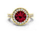 Yellow gold Round Cut Halo Diamond Engagement Ring with Milgrain Pave Band and Four-Prong Setting
