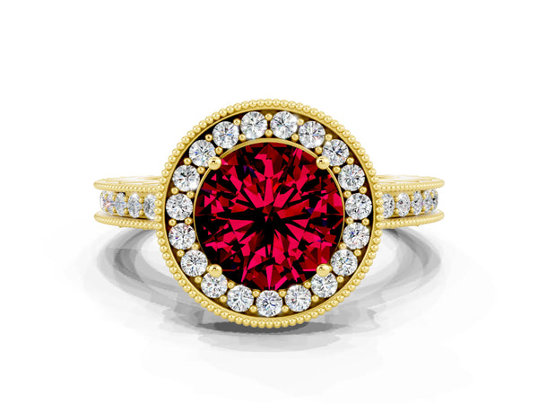 Yellow gold Round Cut Halo Diamond Engagement Ring with Milgrain Pave Band and Four-Prong Setting