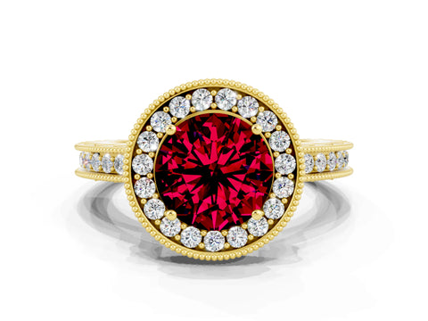 Yellow gold Round Cut Halo Diamond Engagement Ring with Milgrain Pave Band and Four-Prong Setting