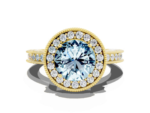 Yellow gold Round Cut Halo Diamond Engagement Ring with Milgrain Pave Band and Four-Prong Setting