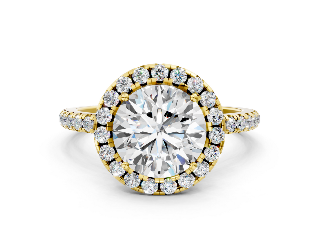 Yellow gold Round Cut Halo Diamond Engagement Ring with Pave Band and Four-Prong Setting_20