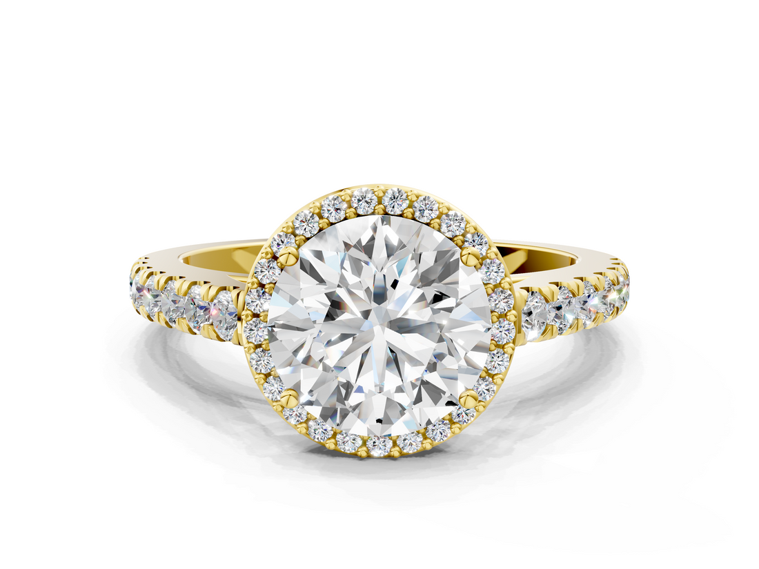 Yellow gold Round Cut Halo Diamond Engagement Ring with Pave Band and Four-Prong Setting_40