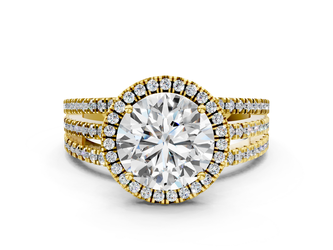 Yellow gold Round Cut Halo Diamond Engagement Ring with Split Shank and Four-Prong Setting_20