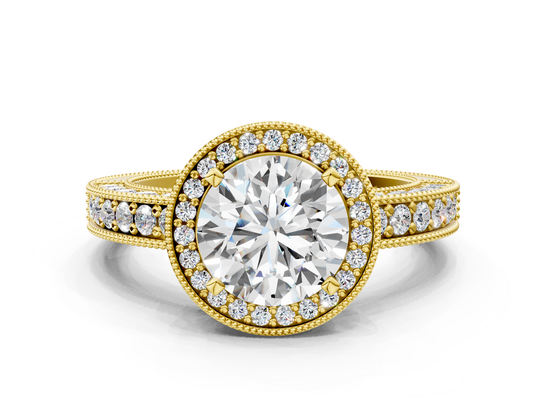 Yellow gold Round Cut Halo Diamond Pave Band Ring with Four-Prong Setting_60